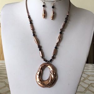 Copper oval pendant black bead necklace earring
